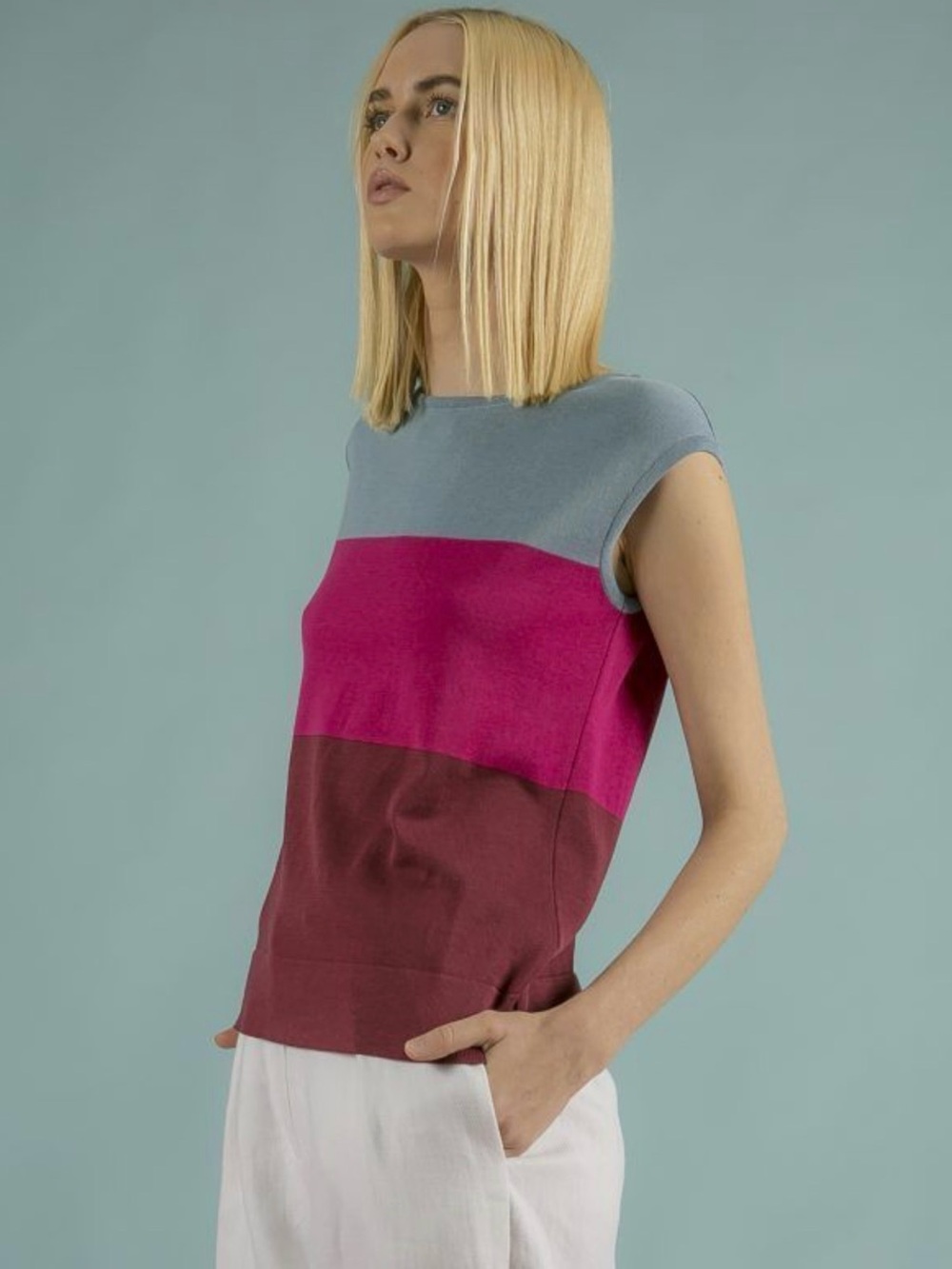 NWOT St. John Magenta and light blue Striped Knit Top With a Boat Neckline
